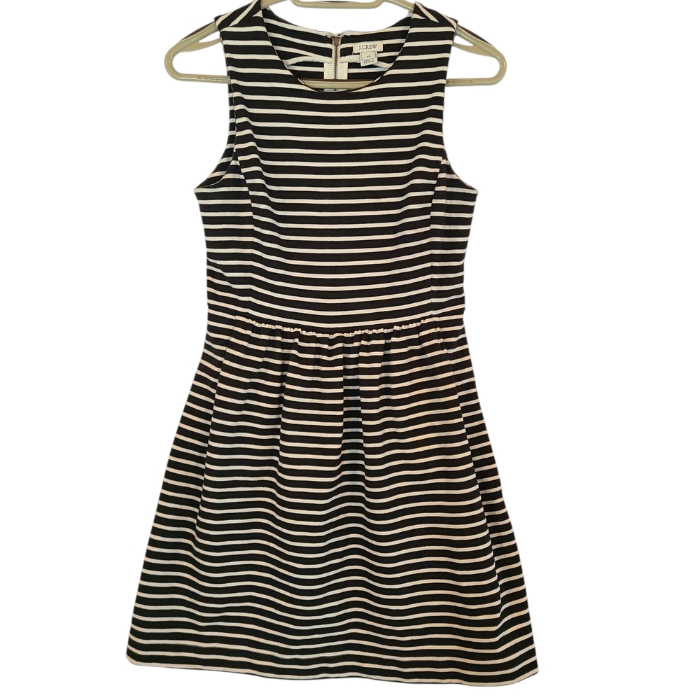 J.Crew Black White Striped Fit Flare Dress XS Sleeveless Pockets Cotton Mini